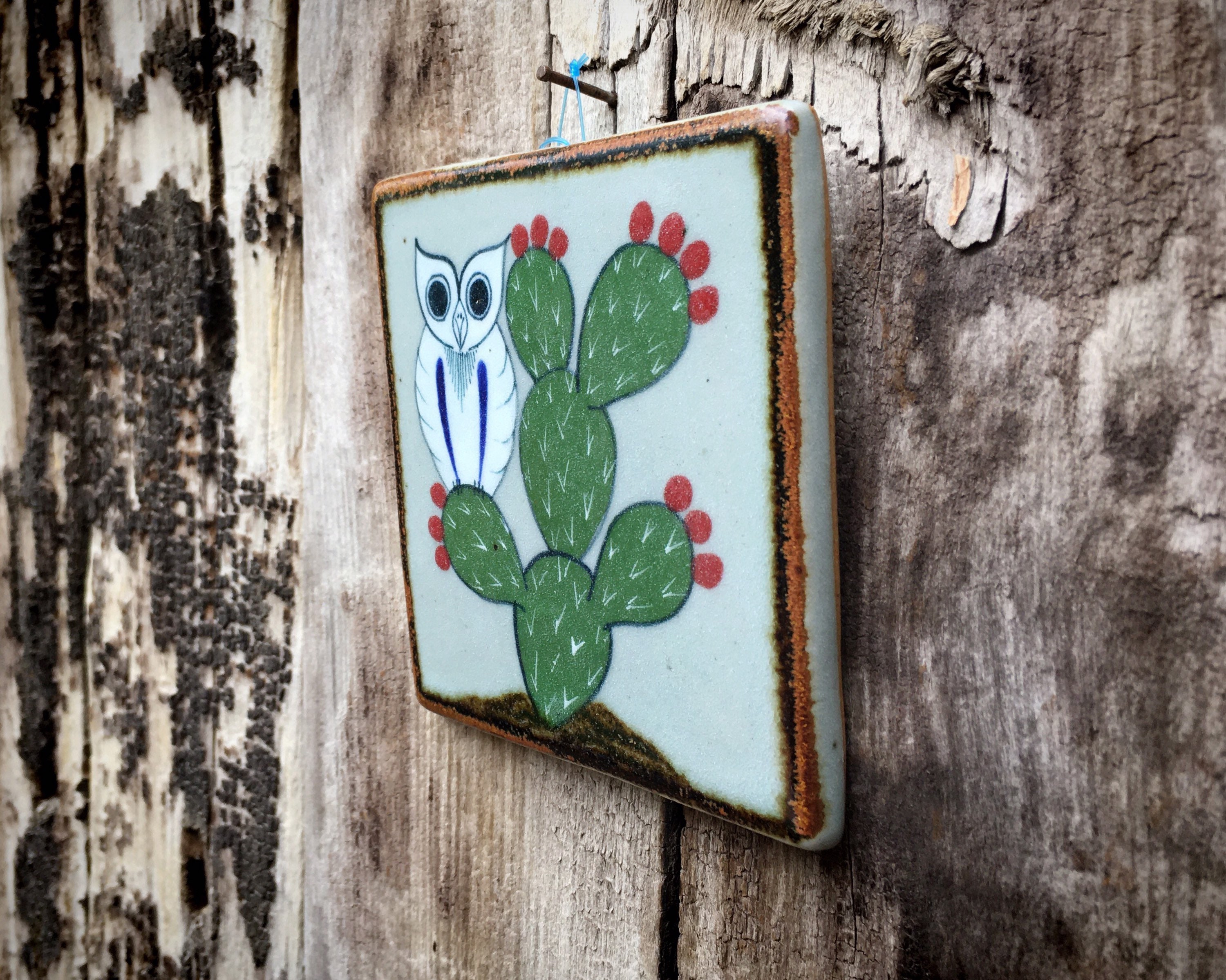 Small 4x4 Vintage Mexican Ceramic Tile Wall Hanging of Owl and Cactus