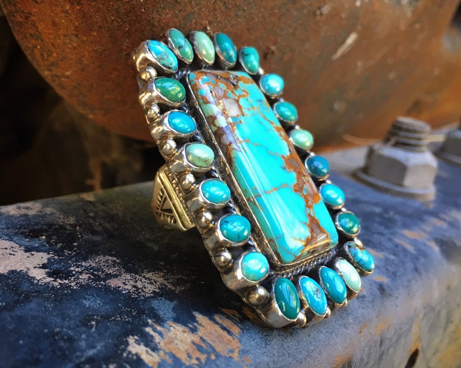 Huge Navajo Turquoise Cluster Ring for Women Size 7.75, Signed Zuni