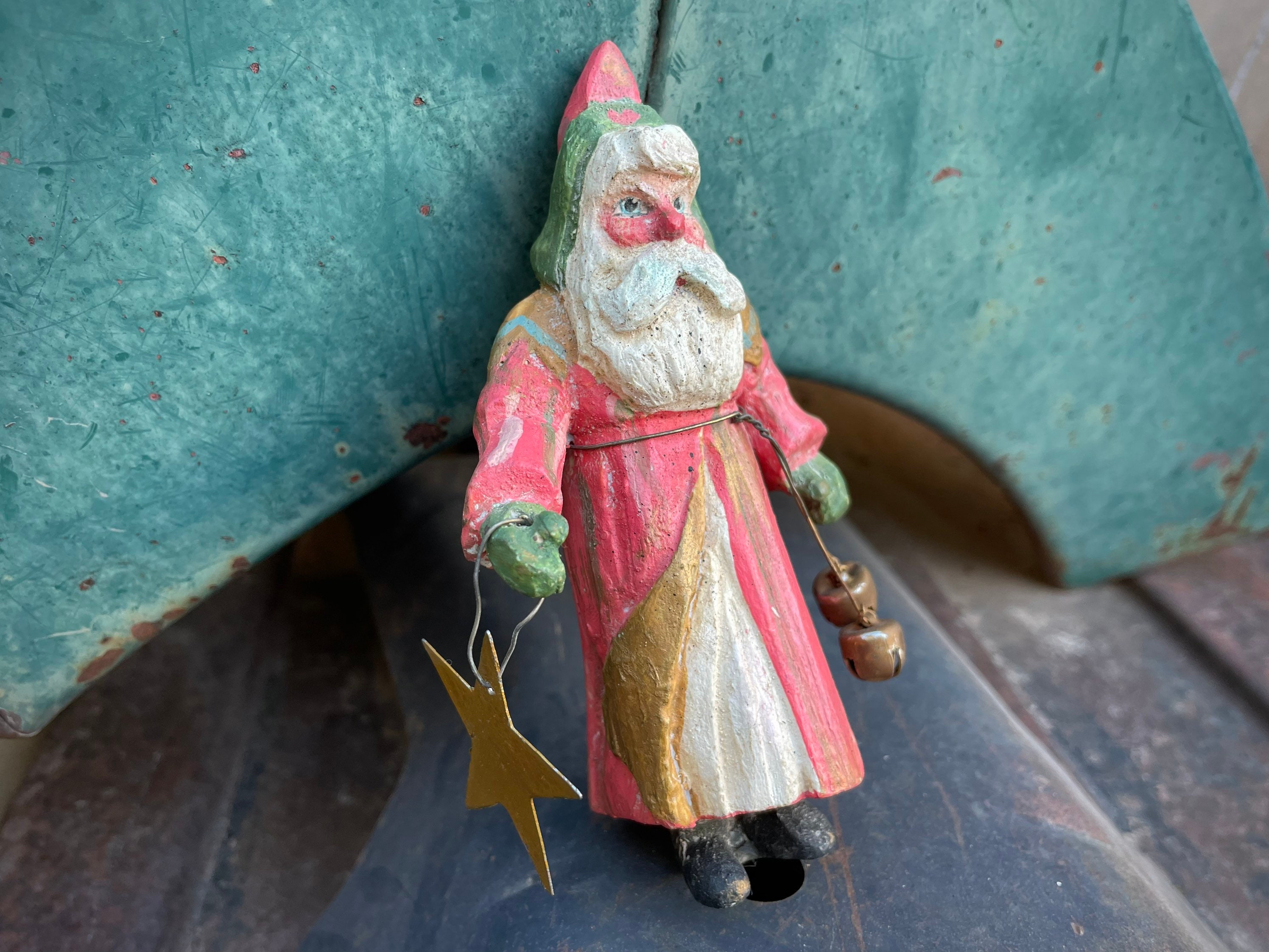 1989 House of Hatten Santa Claus with Bells and Star, Paper Mache, Vintage Christmas Decor