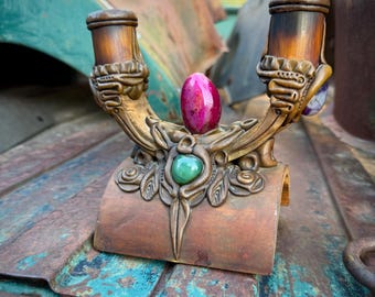 Artisan Made Two Candles Candlestick Holder, Arts & Crafts Style, Embedded Polished Rocks