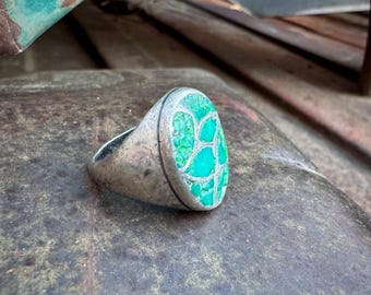 Heavy Old Turquoise Channel Inlay Ring Approx Size 9.25, Distressed Fish Scale Design