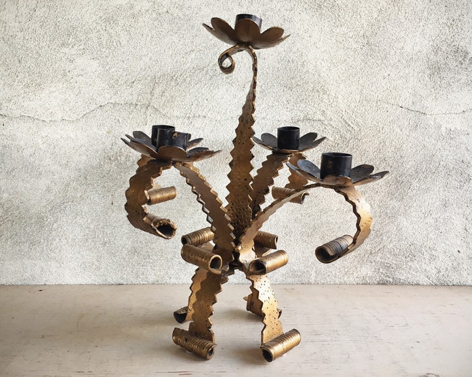 Gold Painted Wrought Iron Candelabra Tramp Art Style, Funky Home