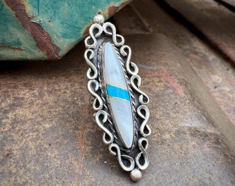 Vintage Zuni Channel Inlay Ring Approx Size 6.5 w/ White Mother of Pearl & Turquoise, Old Pawn