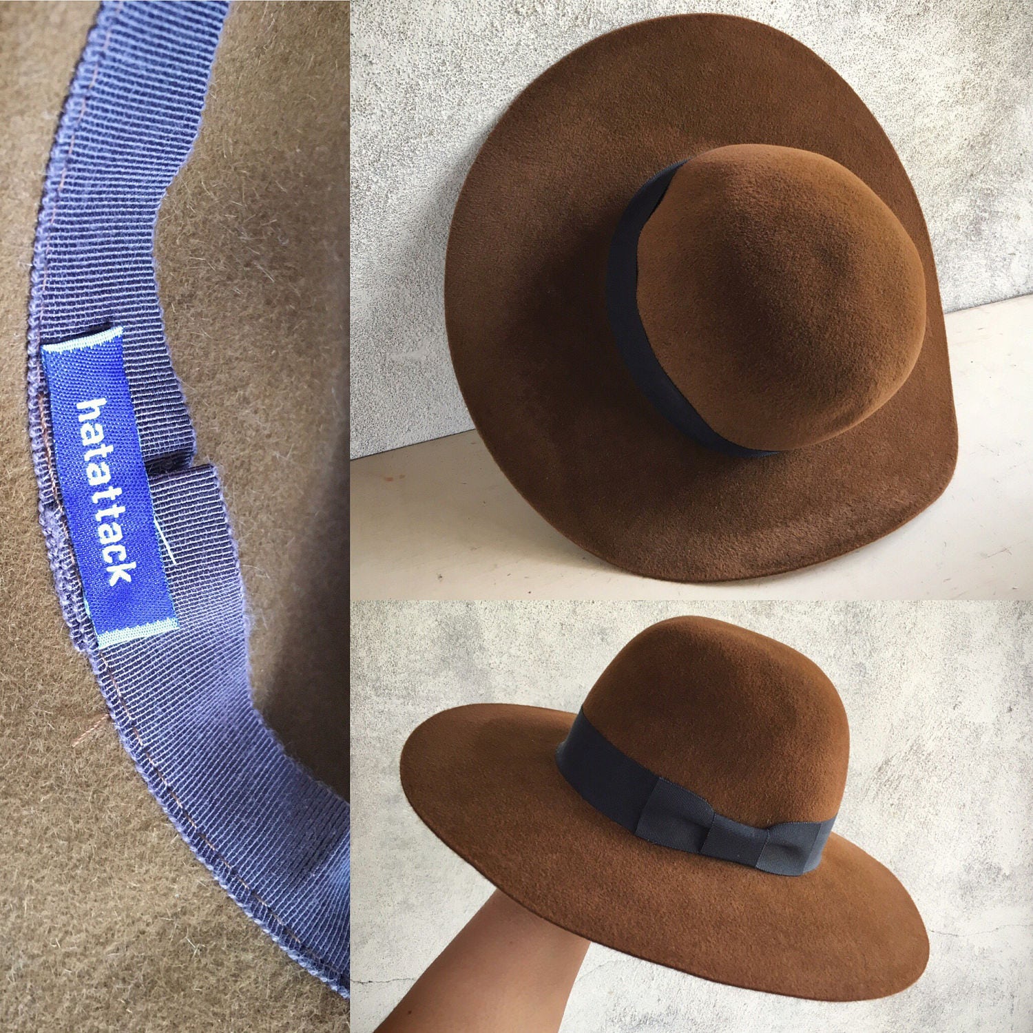 Vintage wide brimmed hat with band, 1990s brown velour felt hat, Women