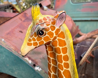 Vintage 14" Tall Paper Mache Giraffe Yellow-Orange from Tonala Mexico, Signed by Artist, SERMEL Style Folk Art, Southwestern Rustic Decor