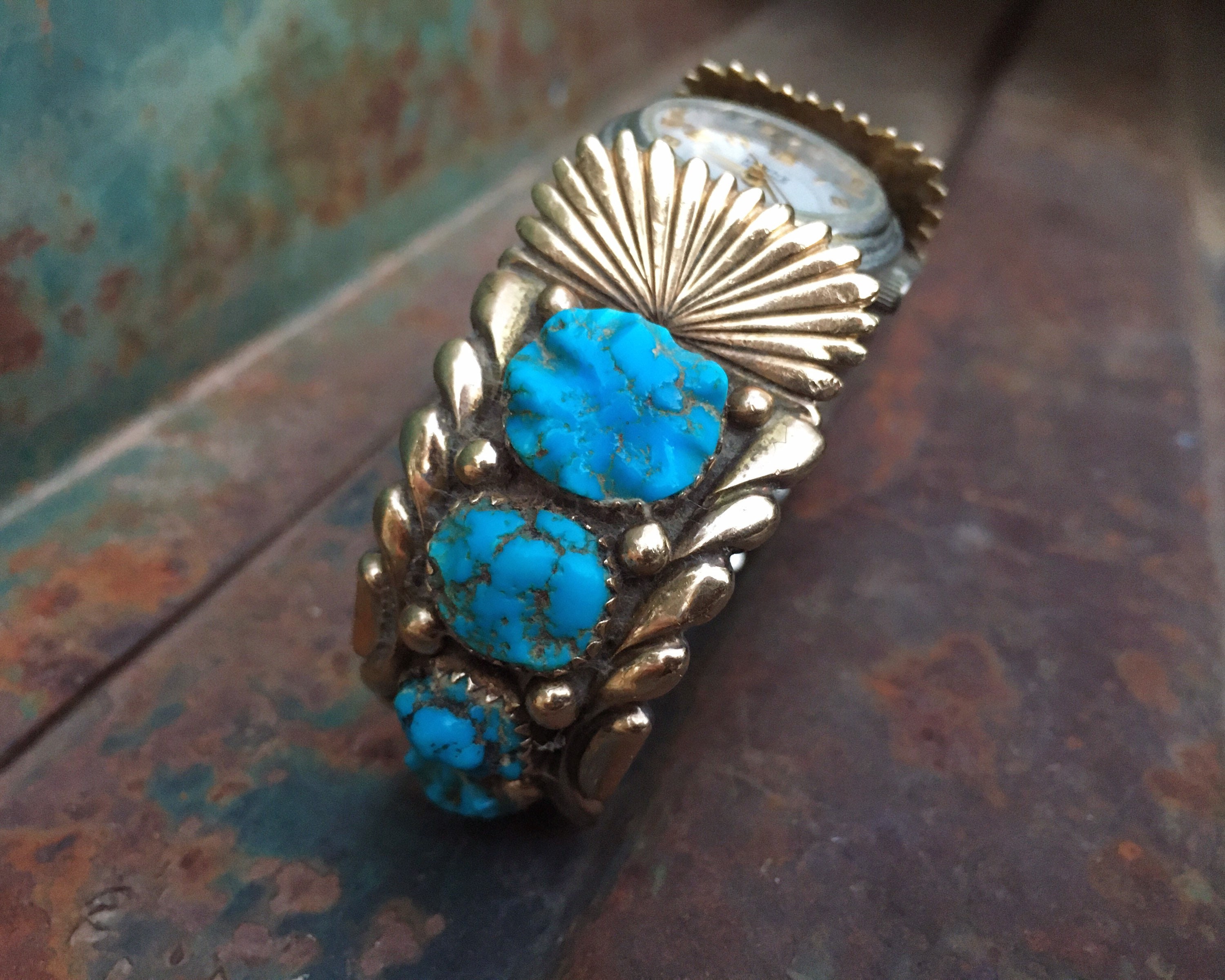 Zuni Wayne & Virginia Quam 14k Overlay Turquoise Watch Cuff for