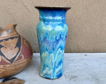Ken Merrick Art Studio Pottery Vase 9" Tall, Vibrant Blue Drip Glaze