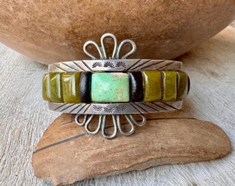 Vintage Apache Richard L. Reeve Serpentine Turquoise Cobblestone Cuff Bracelet Size 5.75