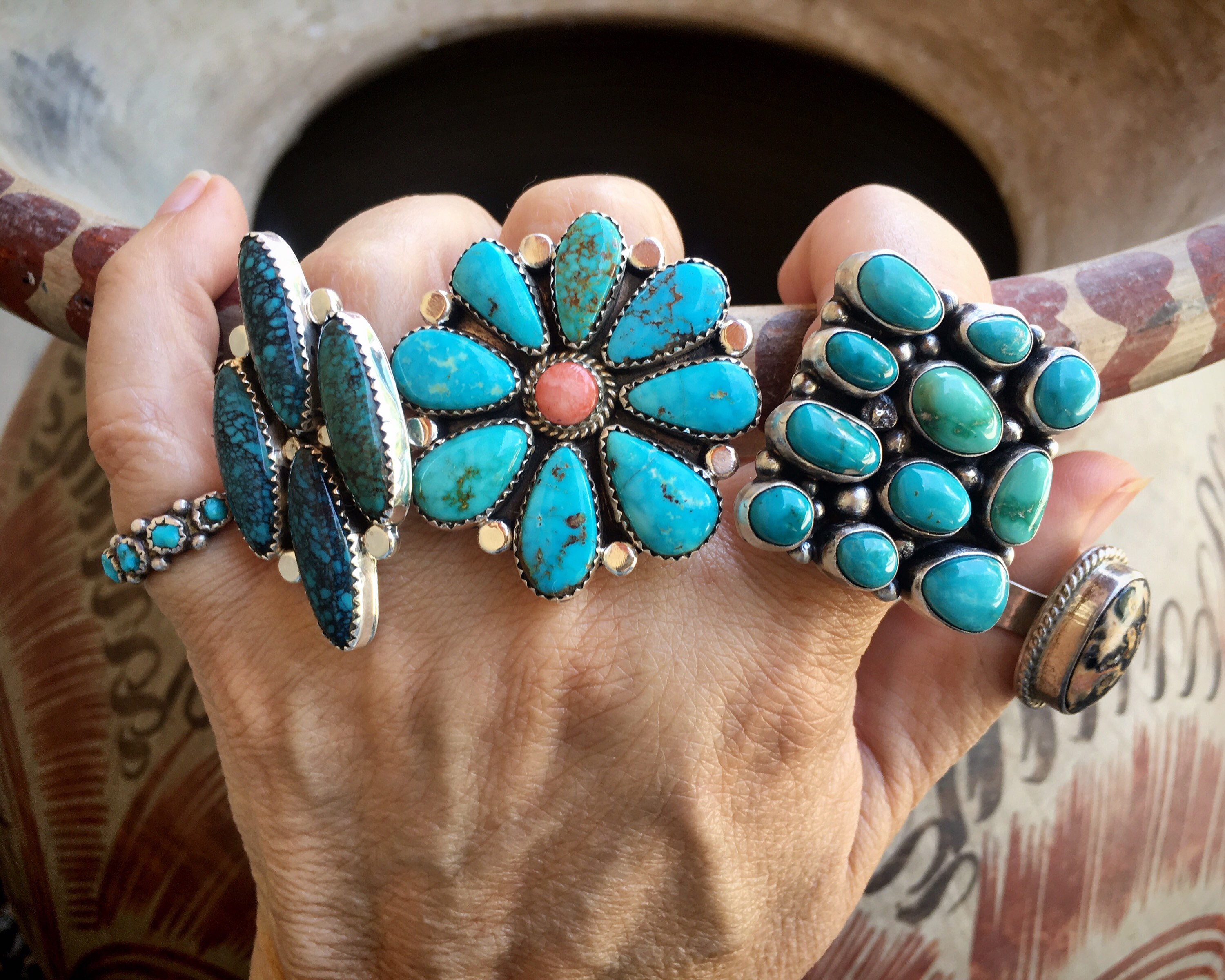 Vintage Large Navajo Cluster Turquoise Ring for Women Size 8.75, Native