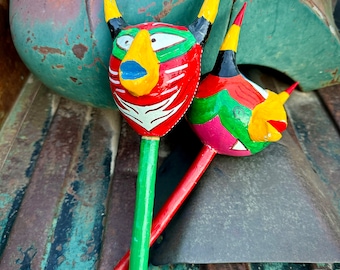 Vintage Maracas from Devils of Yare Venezuela Dance, Horned Rattles Noise Makers Corpus Christi