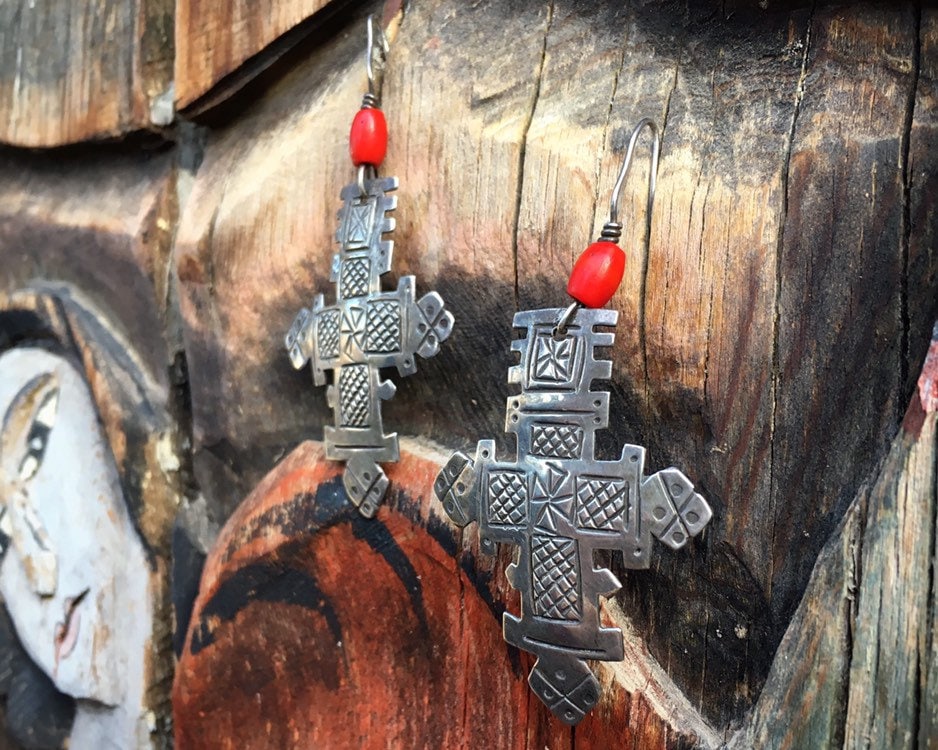 Signed Vintage Sterling Silver Cross Earrings for Women