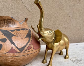 1970s Brass Elephant Trunk Up Statue Approx 8" W x 9.25" Tall, Made in Korea