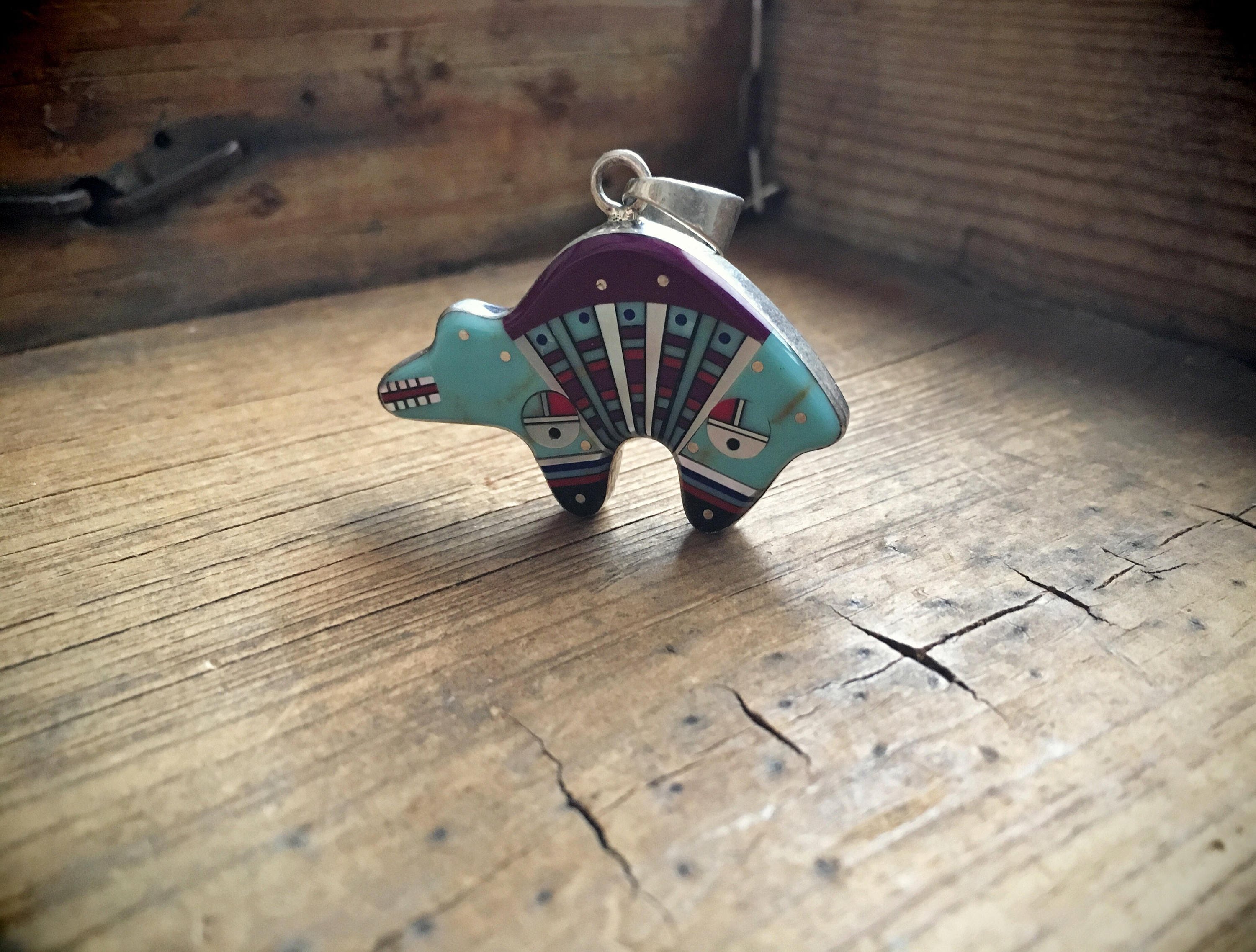Vintage sterling silver turquoise bear necklace pendant micro inlay ...