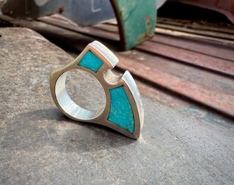 Modernist Sterling Silver Turquoise Inlay Ring Approx Size 7.5, Vintage Sculptural Band