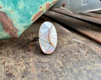Vintage Channel Inlay Ring Size 8, Sterling Silver & Mother of Pearl Slightly Pink Tone