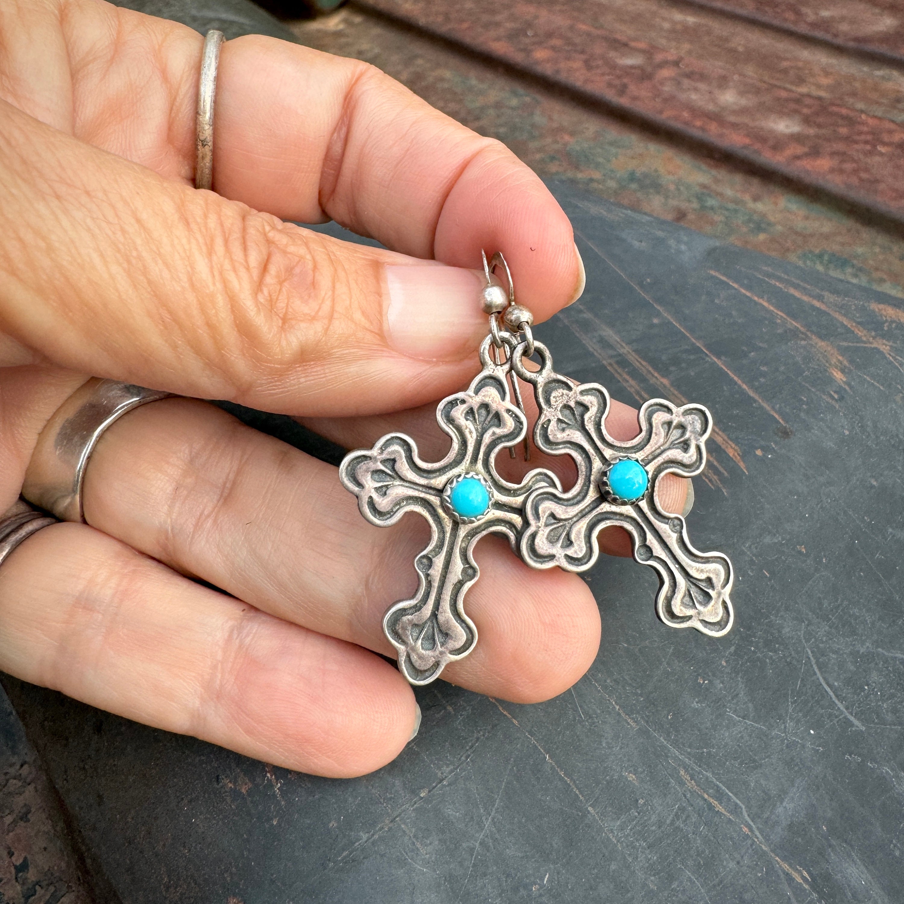 Striking Vintage Navajo Native American Sterling Silver Turquoise Earrings Striking Vintage Navajo Native American Sterling Silver Turquoise Earrings