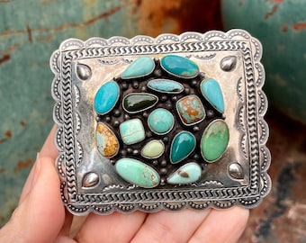 Vintage Navajo June Delgarito Turquoise Cluster Belt Buckle Sterling Silver, Native American Indian Jewelry Unisex Men Women, December Gift