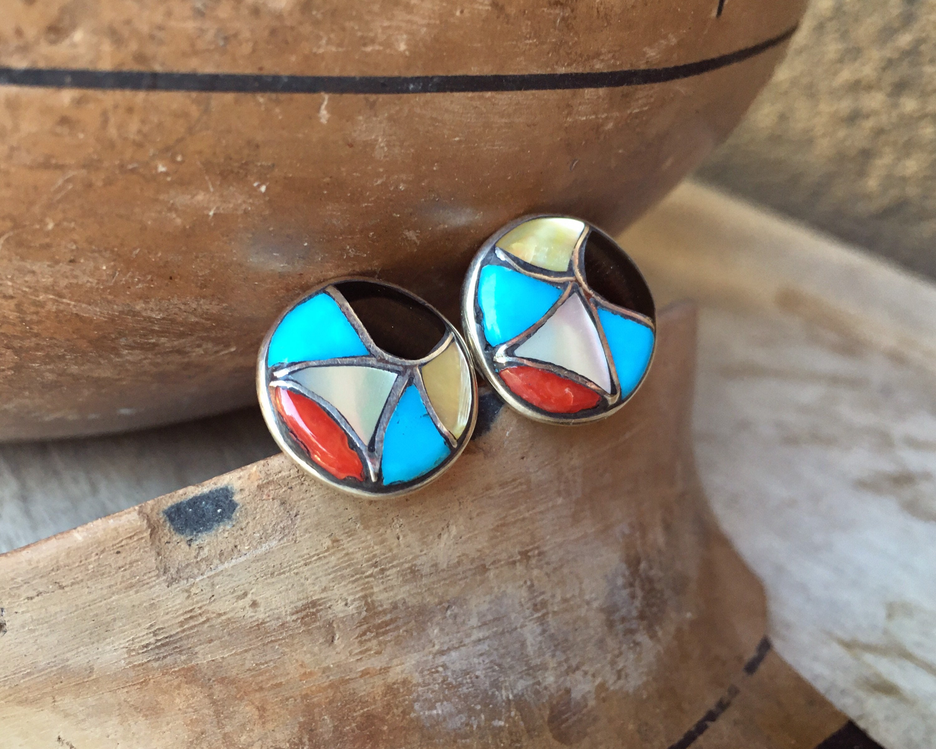 Small Sterling Silver Multicolor Turquoise Inlay Cufflinks, Native ...