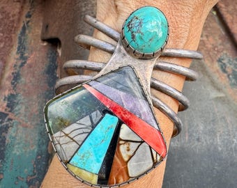 1980s Turquoise Spider Cuff Bracelet Turquoise Multi-Gemstone Sterling Silver, Split Wire Shank
