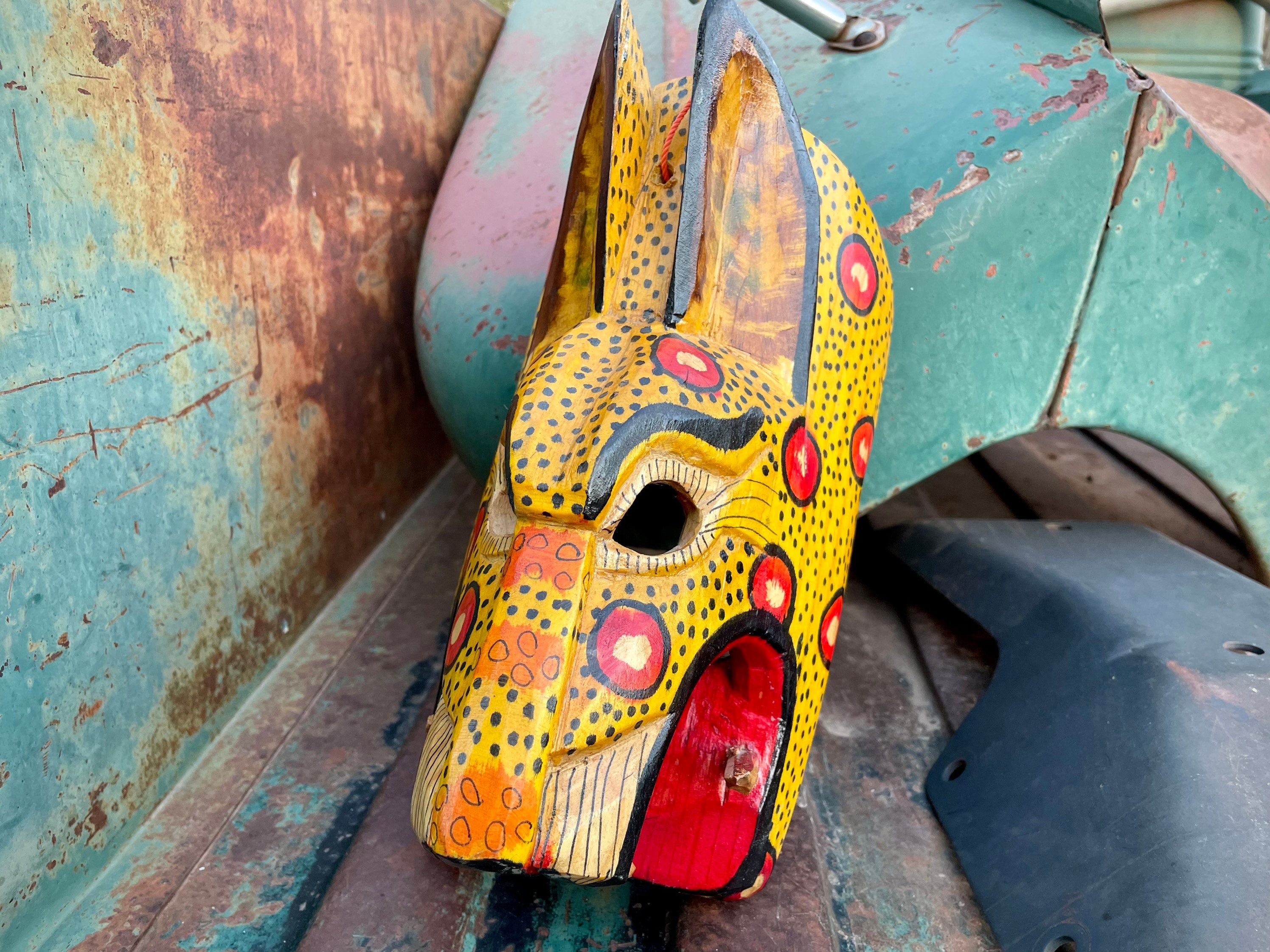 Carved Painted Vintage Mexican Wooden Mask of Jaguar Tigre, Mexico Folk