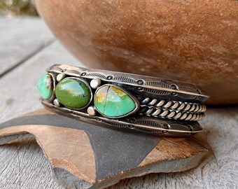 79g Three Stone Green Turquoise (Cracked Stone) Row Bracelet Size 6-3/8, Southwestern Men's Cuff
