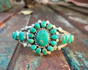 Hopi Duane Tawahongva Fox Turquoise Stone Cluster Cuff Bracelet Size 6-3/8", Vintage Native America Jewelry Southwestern, Valentine Day Gift