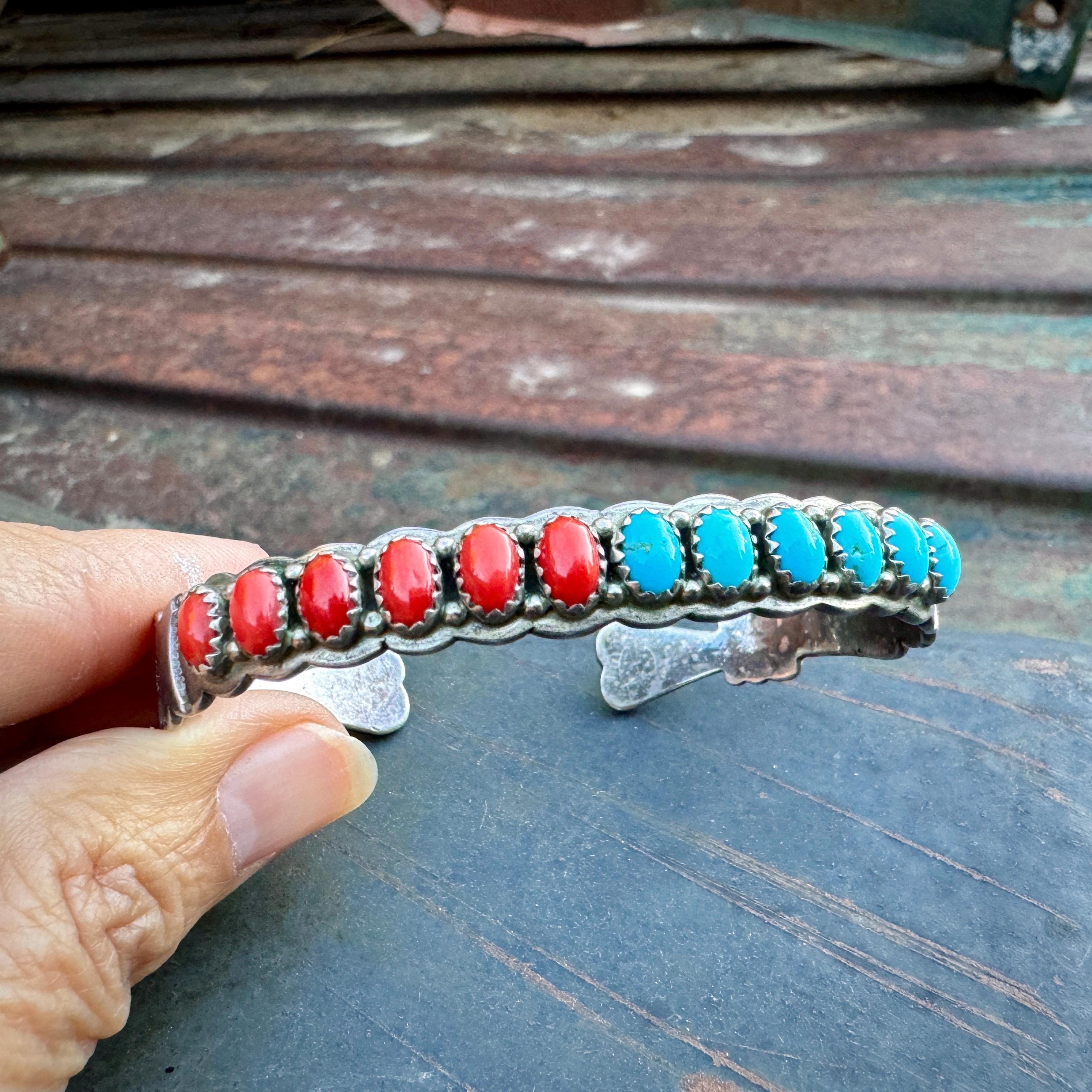 Important Native American Navajo Coral Row Wide Sterling Silver Bracelet Cuff Important Native American Navajo Coral Row Wide Sterling Silver Bracelet Cuff