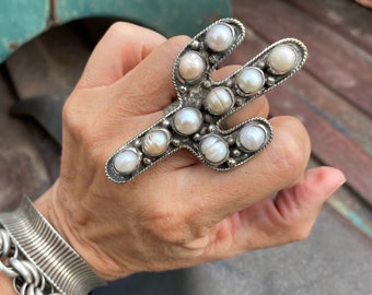White Mother of Pearl Saguaro Cactus Ring in Silver Plated Bezel from Tibet, Bohemian Jewelry