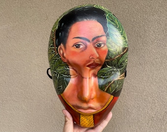 Folk Art Ceramic Mask Wall Hanging with Frida Scene Signed Magdalena Cruz 2001, Gift for Artist