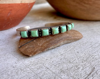 20g Turquoise Row Bracelet Narrow and Lightweight Sterling Silver, Native American Cuff Size