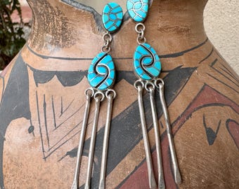 Vintage Zuni Dickie Quandelacy Turquoise Earrings Channel Inlay Hummingbird Design, Over 3" Long