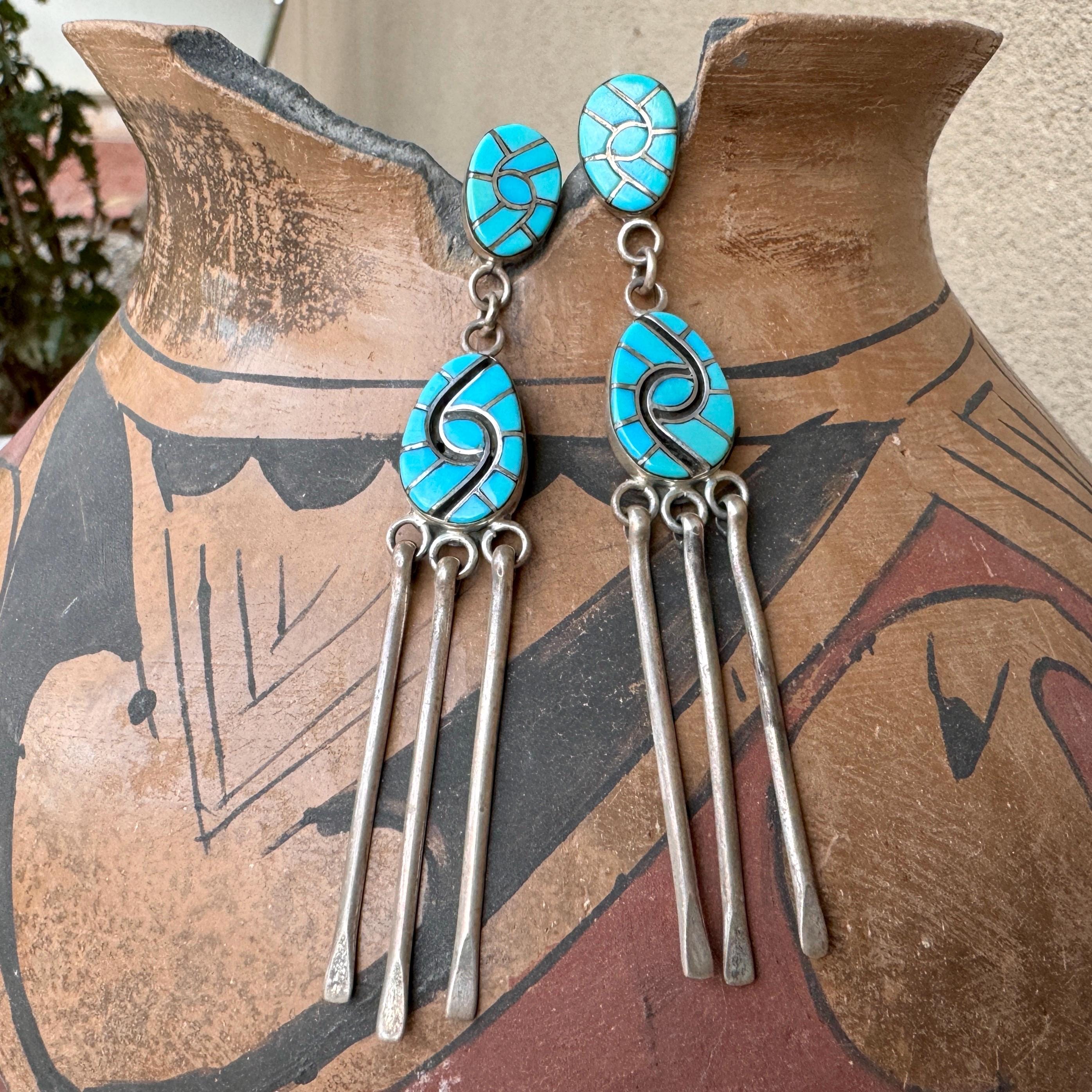 Detailed Hummingbird Vintage Native American Zuni Turquoise Sterling Silver Inlay Earrings Detailed Hummingbird Vintage Native American Zuni Turquoise Sterling Silver Inlay Earrings