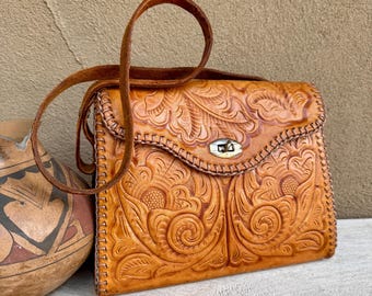 Vintage Tooled Leather Shoulder Bag Purse, Faux Leather Interior, Western Cowgirl Fashion