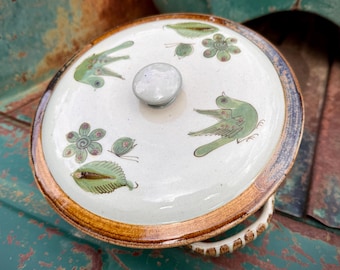 Vintage El Palomar Studio Pottery Large Platter Condiment Server, Green Bird Flower