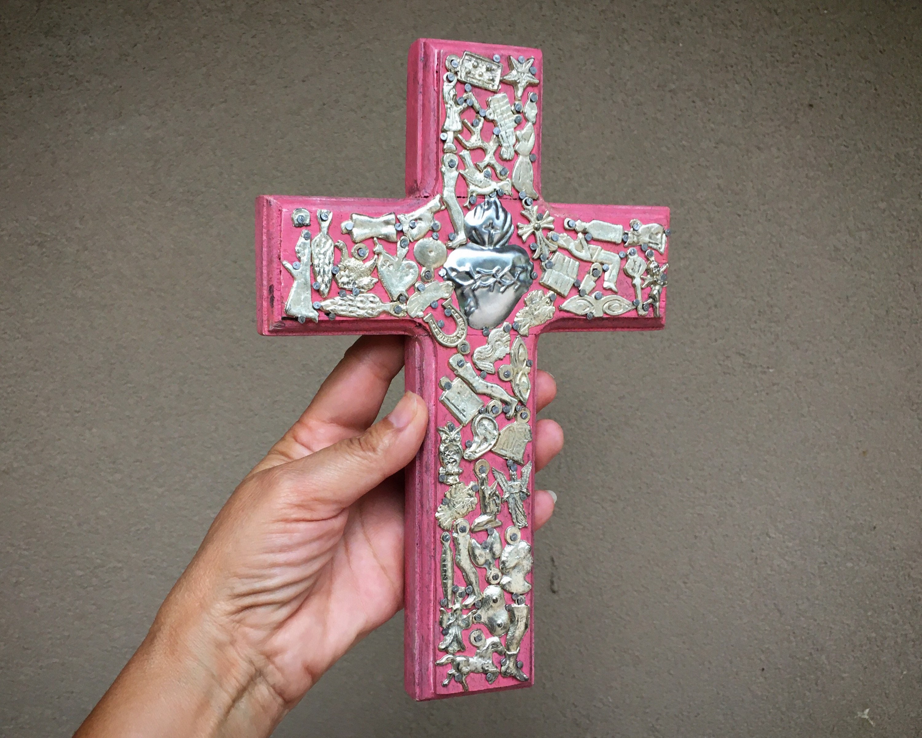 Mexican Milagro Wall Cross with Milagros Amulets, Lucky Charms, Miracle Art, Religious Medals