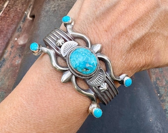 Navajo Sandcast Sterling Silver Turquoise Cuff Bracelet Approx Size 6.25, Native American