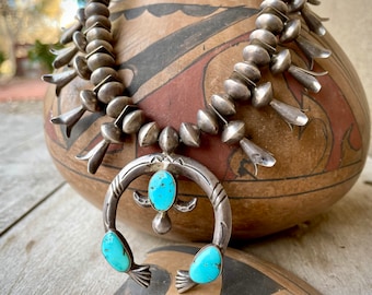 145g Vintage Squash Blossom Necklace with Turquoise Stone Rondelle Beads, Native American Navajo