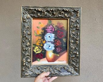 Vintage Oil Painting of Still Life Flower Bouquet 8x10 in Gold Painted Wood Frame 12x14