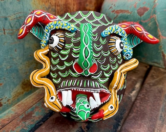 Mexican Pottery Devil Mask with Snake on Cheeks, Ocumicho Michoacan Folk Art, Day of Dead Decor