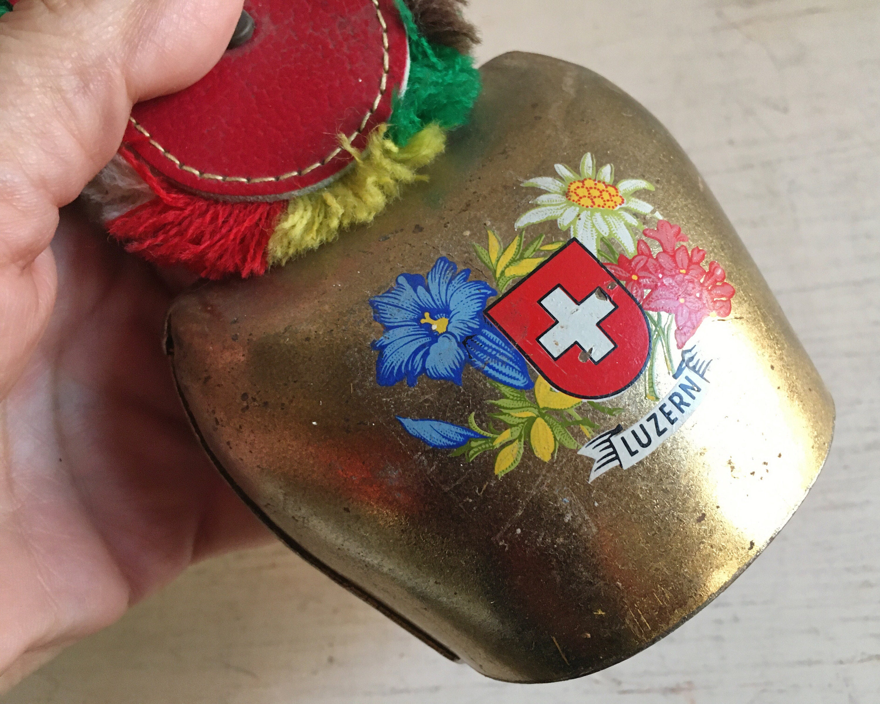 Souvenir Lucerne Swiss Cow Bell on Strap, Barn Salvage Industrial Decor