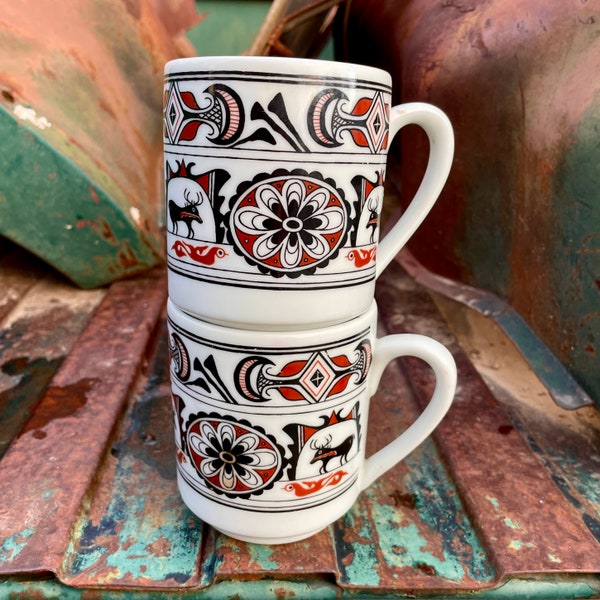 Pair of Vintage Southwestern Ceramic Mugs in Native American Inspired Design, Coffee Cups Brown Black Tribal Decor, Hopi Navajo Style