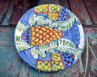 Vintage Talavera Plate with Fish Design and Attached Wall Hanger, Mexican Pottery Folk Art, Rustic Southwestern Home Decor Kitchen Display