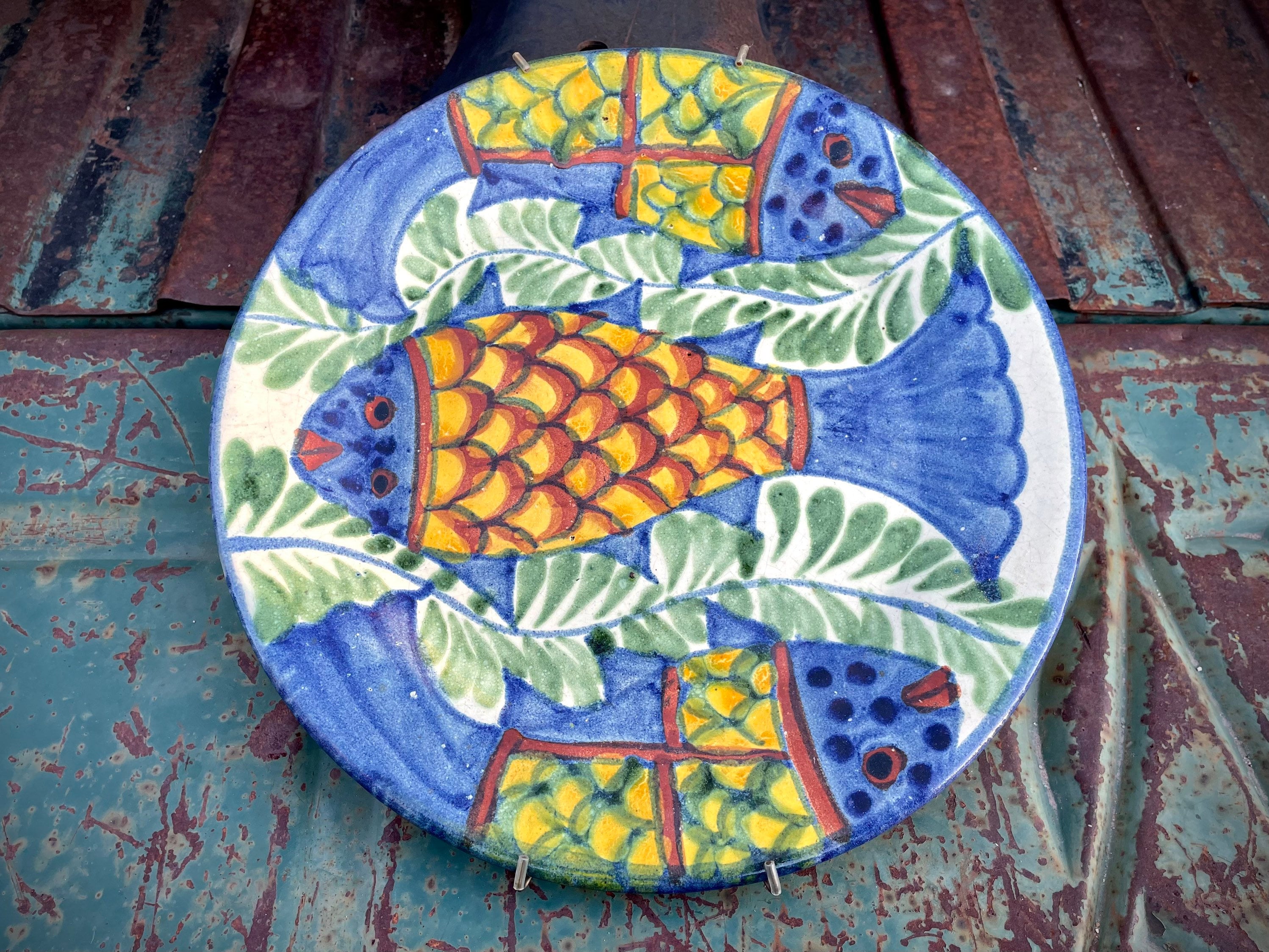 Vintage Talavera Plate with Fish Design and Wall Hanger, Mexican