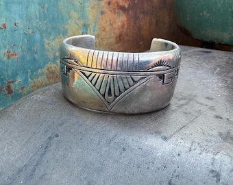 Vintage Sterling Silver Overlay Cuff Bracelet Size 6.25, Signed RJ, 77g