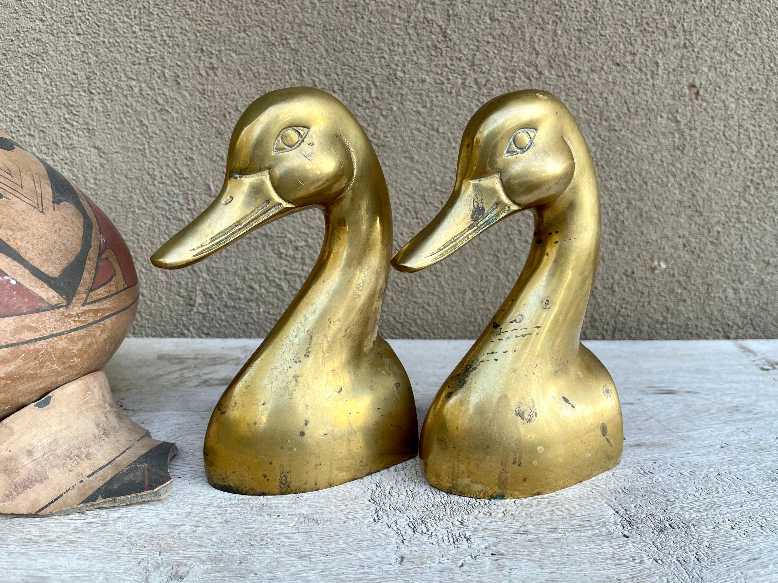 Vintage Brass Duck Head Bookends, Hollywood Regency Golden Decor