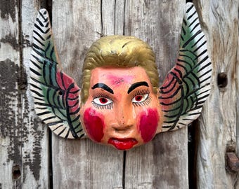 Refurbished Carved Wood Angel with Wings Wall Hanging, Mexican Folk Art, Religious Decor