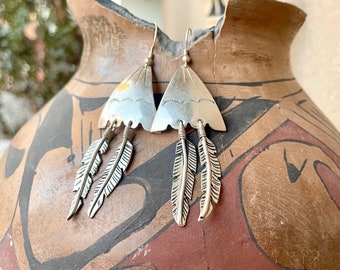 Vintage Navajo Stamped Sterling Silver Earrings with Feathers, Native American Indian Jewelry