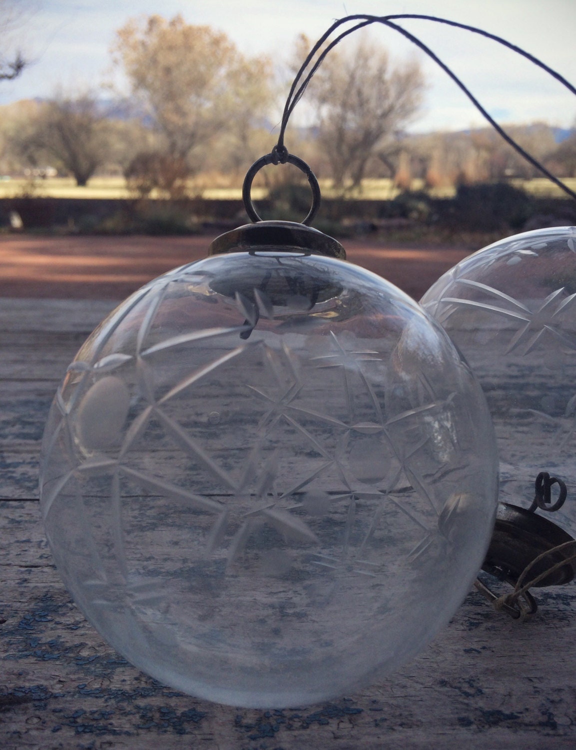 Clear Kugel style orb clear snowflake etched glass Christmas ornament