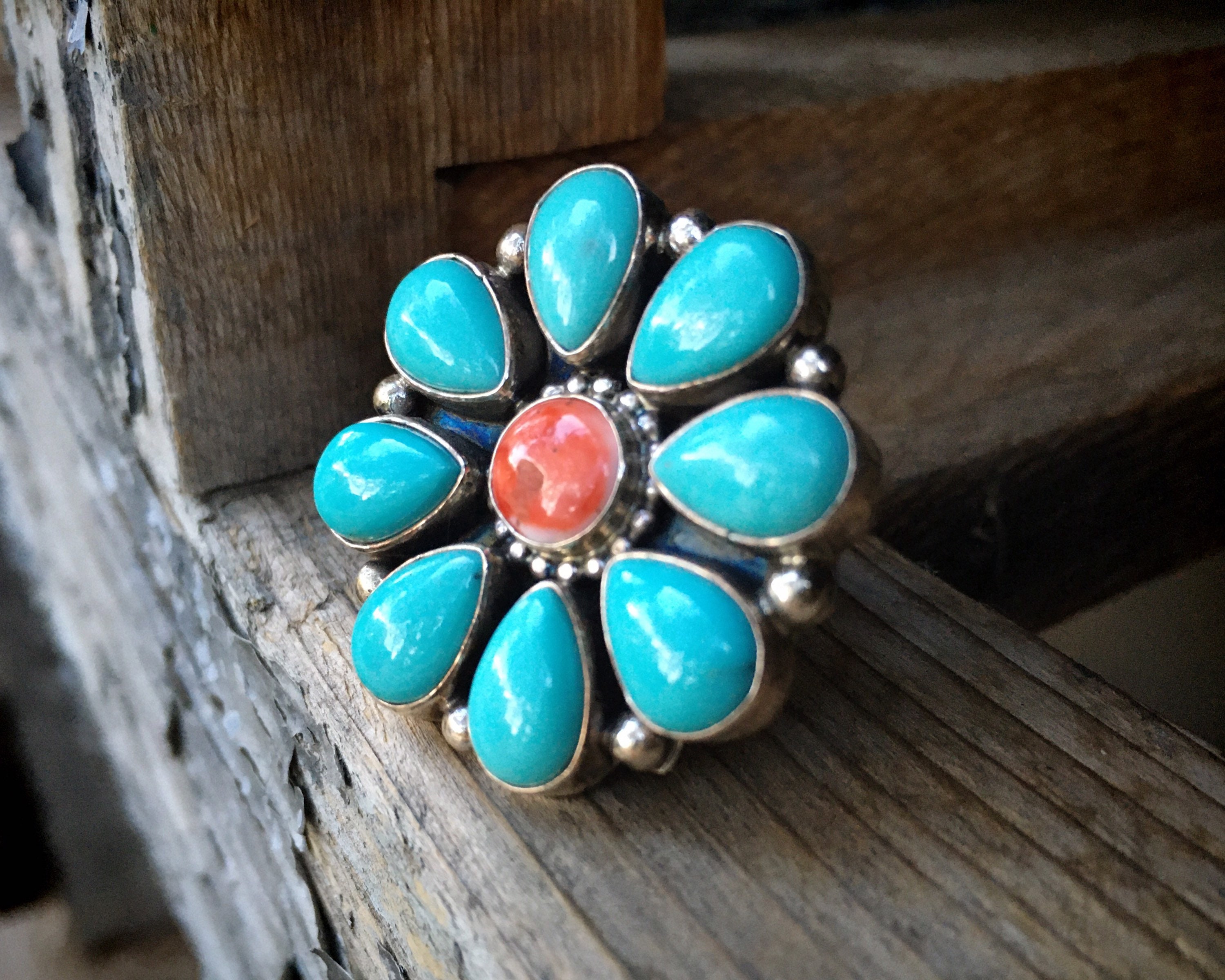 Navajo Paul Livingston Turquoise Cluster Ring for Women Size 6, Native