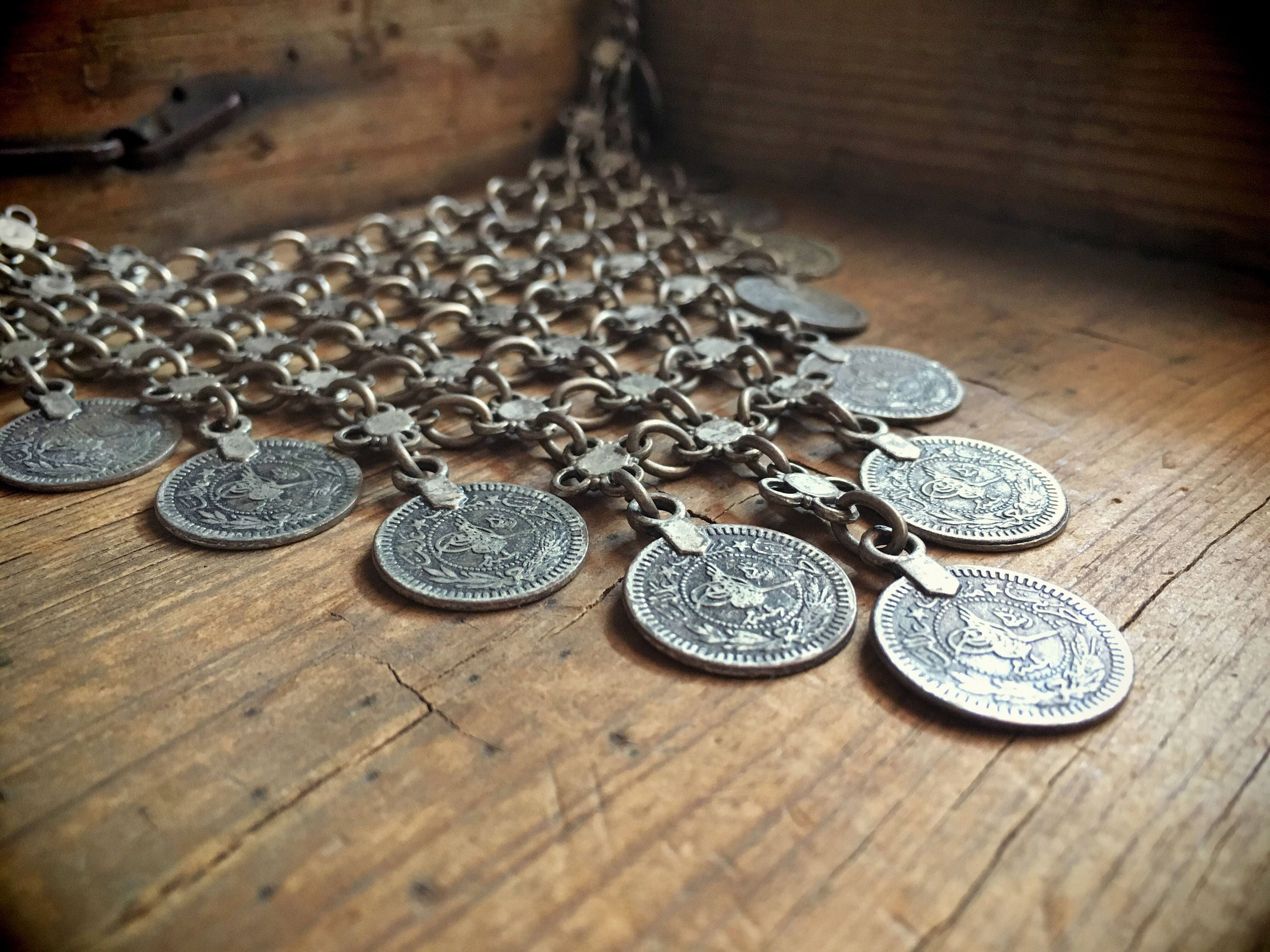 Vintage silver plated tribal necklace chainmail with coins, gypsy ...